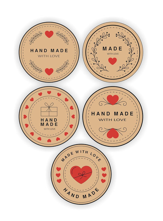 Handmade With Love Kraft Stickers - 80 Pcs, 5 Designs