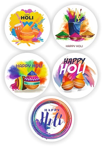 Happy Holi Stickers, 80 Pieces, 2 inches, Round, 5 Unique Designs, Holi Gift Box Stickers, Festival Stickers, Holi Stickers, Holi Tags